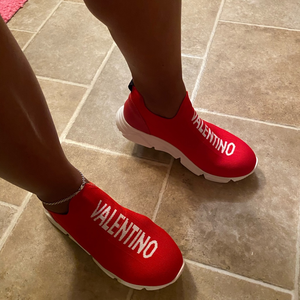 Valentino Red Knit Slip-On Sneakers With White Logo